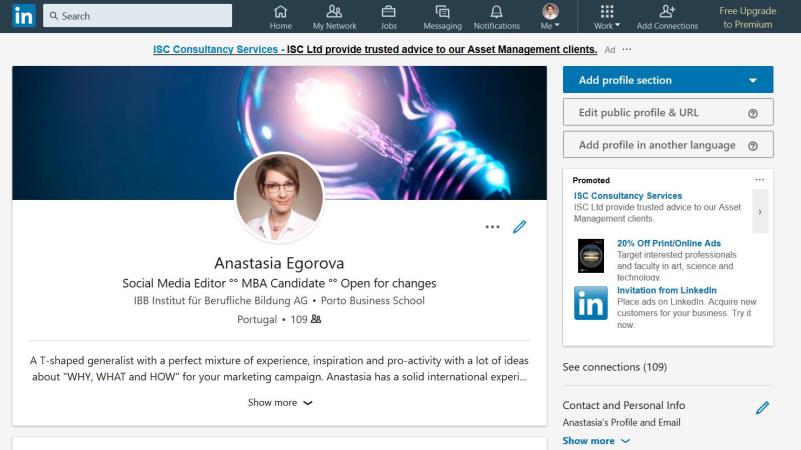 Screenshot von einem LinkedIn-Profil mit Foto und Selbstbeschreibung