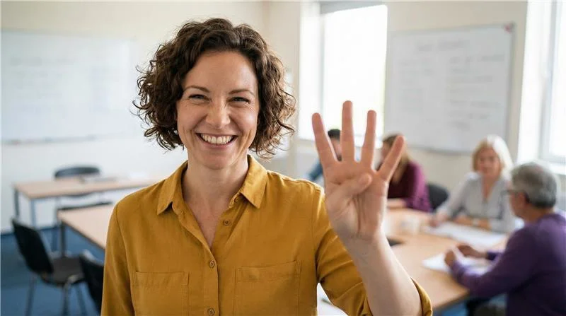 Frau steht vor Konferenztisch und hält vier Finger hoch.