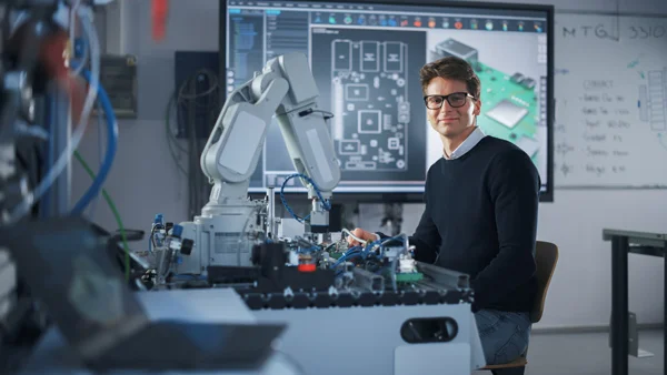Symbolbild: Ein Ingenieur arbeitet an einem Industrieroboter und blickt lächelnd in die Kamera; im Hintergrund technische Diagramme auf einem Bildschirm.