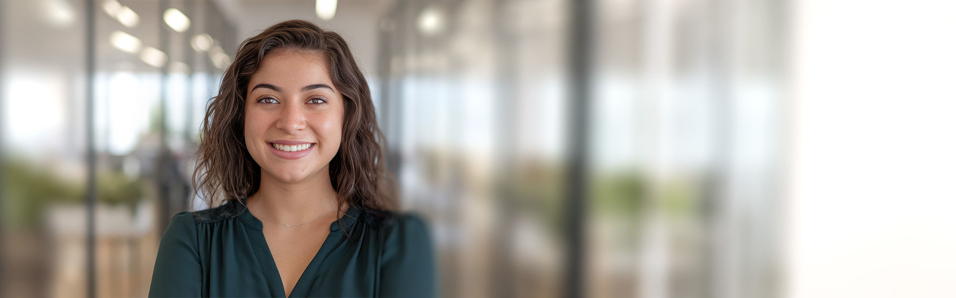 Lächelnde junge Frau steht im Büroflur vor zwei verglasten Konferenzräumen, die im Hintergrund verschwommen zu sehen sind.