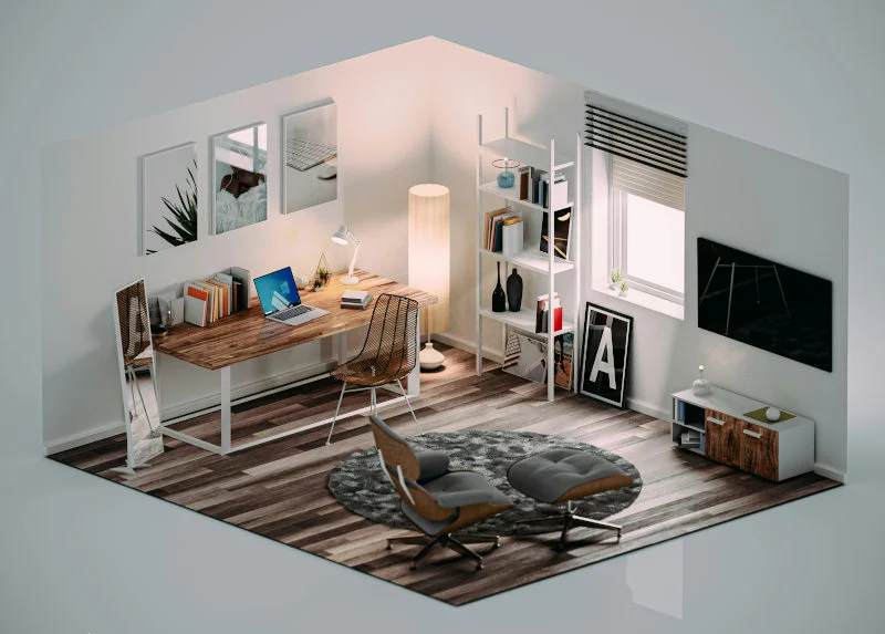 Ein mit 3D- und CGI generiertes Modell eines voll eingerichteten Zimmers.