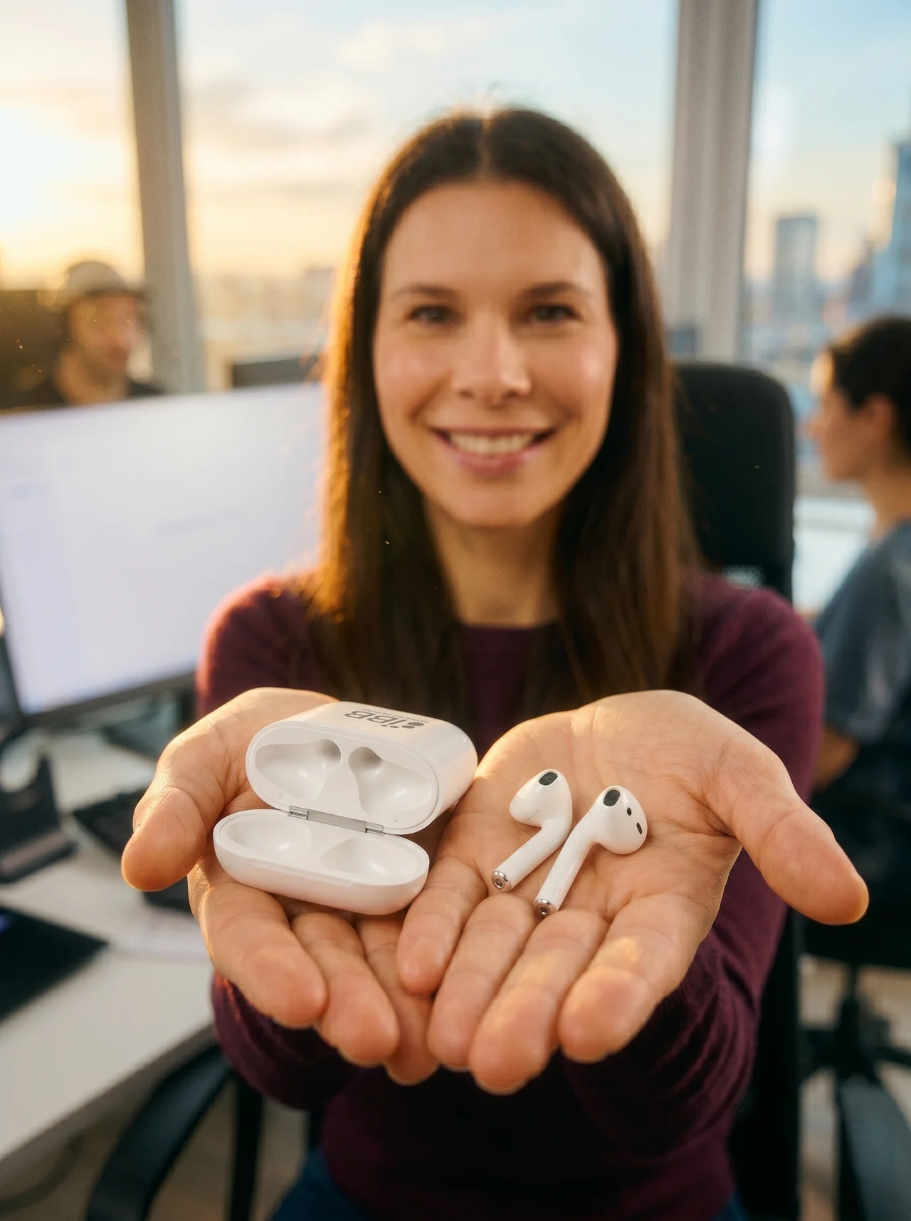 Eine freundlich lächelnde Person präsentiert die Apple AirPods mit Case und Kopfhörern im Fokus