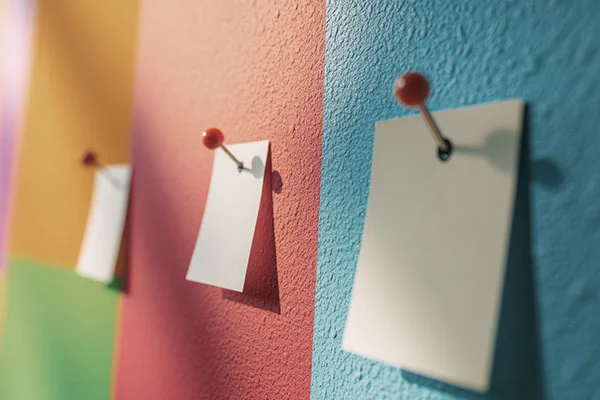 Drei leere Notizzettel sind mit roten Pinnnadeln an einer farbigen Wand befestigt.