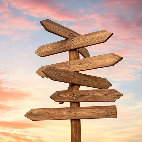 Mehrere Holzwegweiser zeigen in unterschiedliche Richtungen vor einem farbenfrohen Himmel.